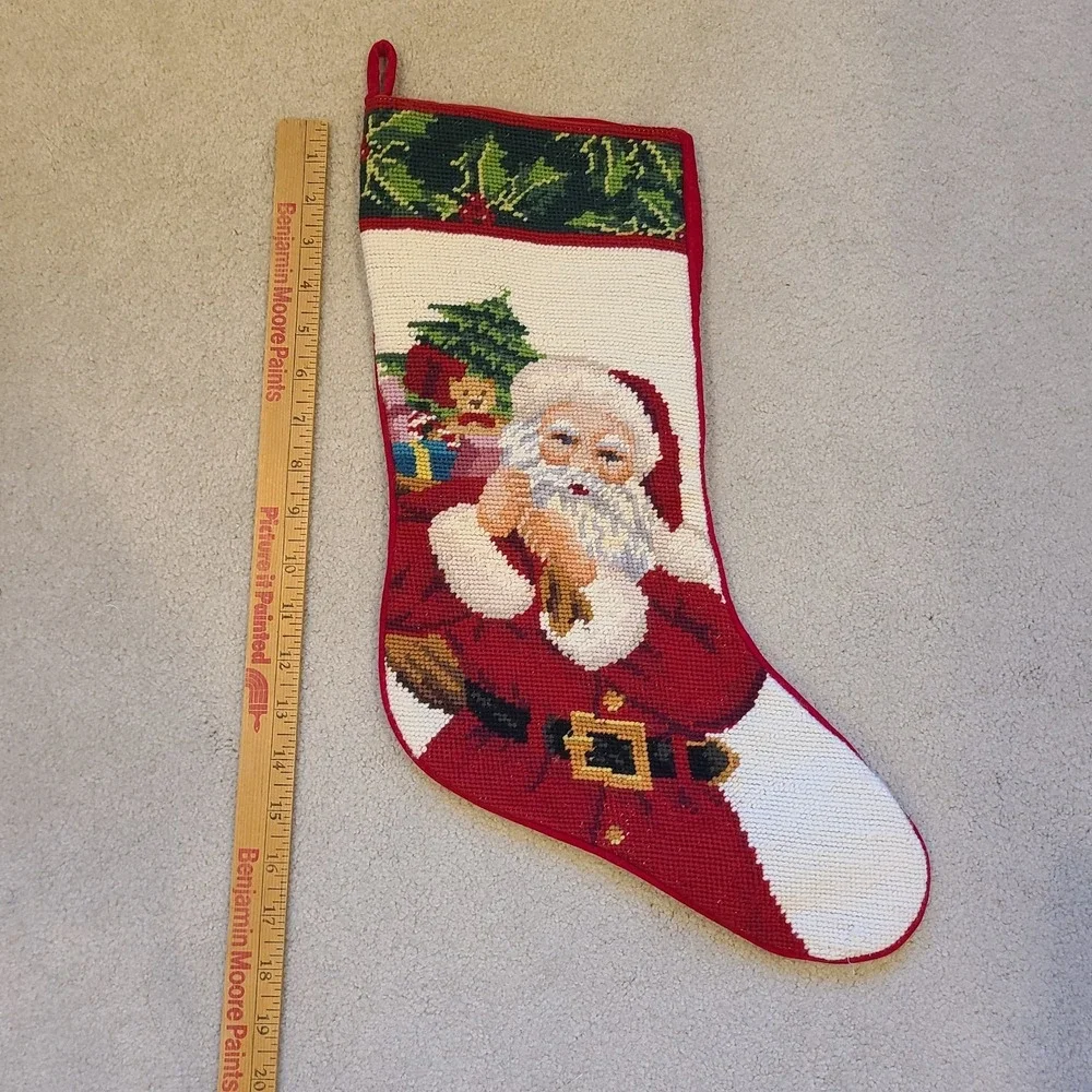 Santa Needlepoint Victorian Santa Stocking‎ Red Velvet Back